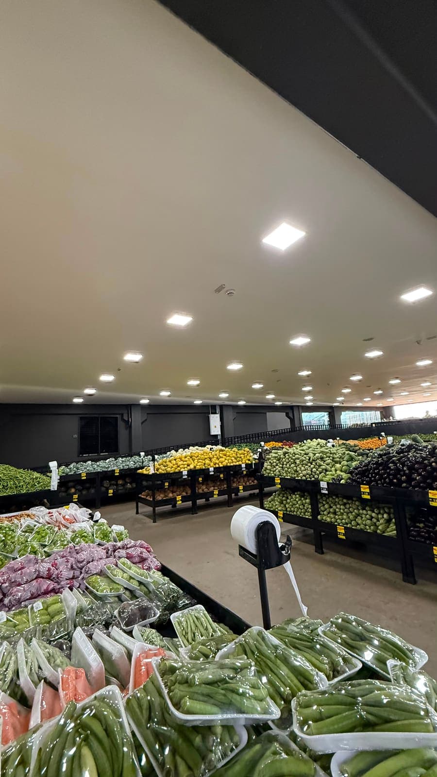 Bancas de verduras e bandejas fresquinhas dentro da loja